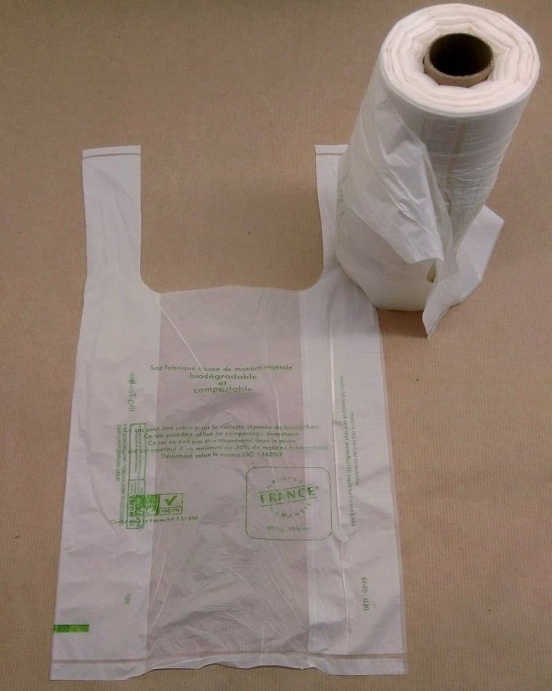 Sacs rouleaux bretelles E12 (12 microns) bio beiges translucides 23x6x45 (3000 pièces, colis de 11.95 kgs)